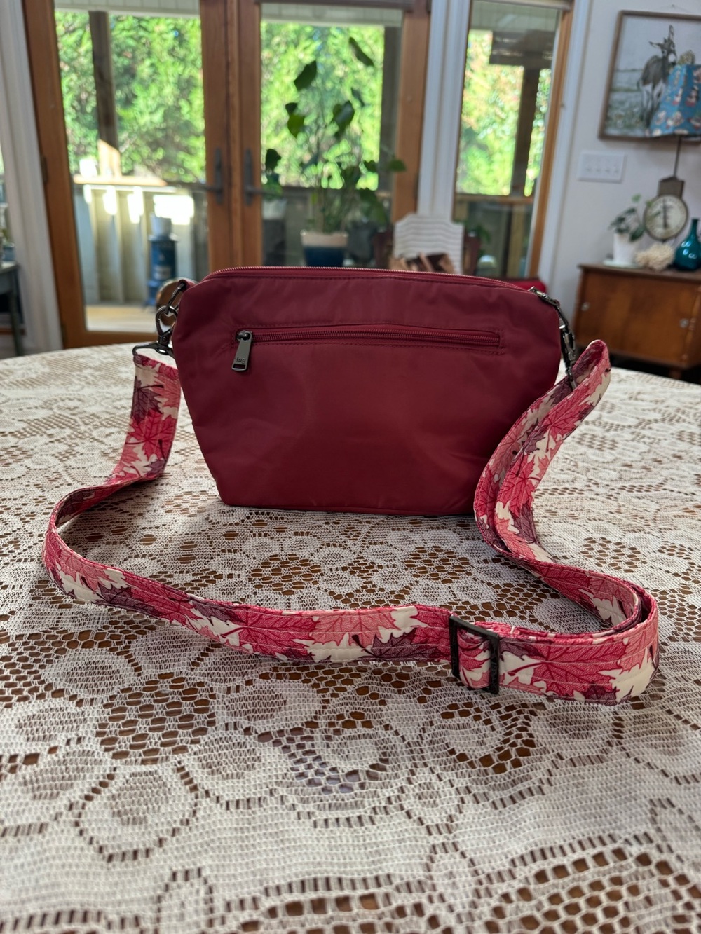 Lug Flare Quilted Crossbody Bag - Rosewood Red with Decorative Leaf Strap